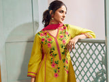 Women's Couture Yellow Embroidered Anarkali Flared Kurta with Palazzo & Dupatta