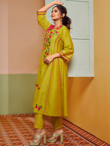 Women's Couture Yellow Embroidered Anarkali Flared Kurta with Palazzo & Dupatta