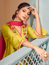 Women's Couture Yellow Embroidered Anarkali Flared Kurta with Palazzo & Dupatta