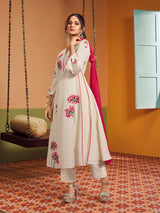 Women's Couture Off white Embroidered Anarkali Flared Kurta with Palazzo & Dupatta