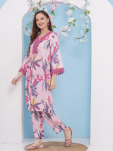 Women's Couture Pink With Multi Colour Floral Printed Kurta Set