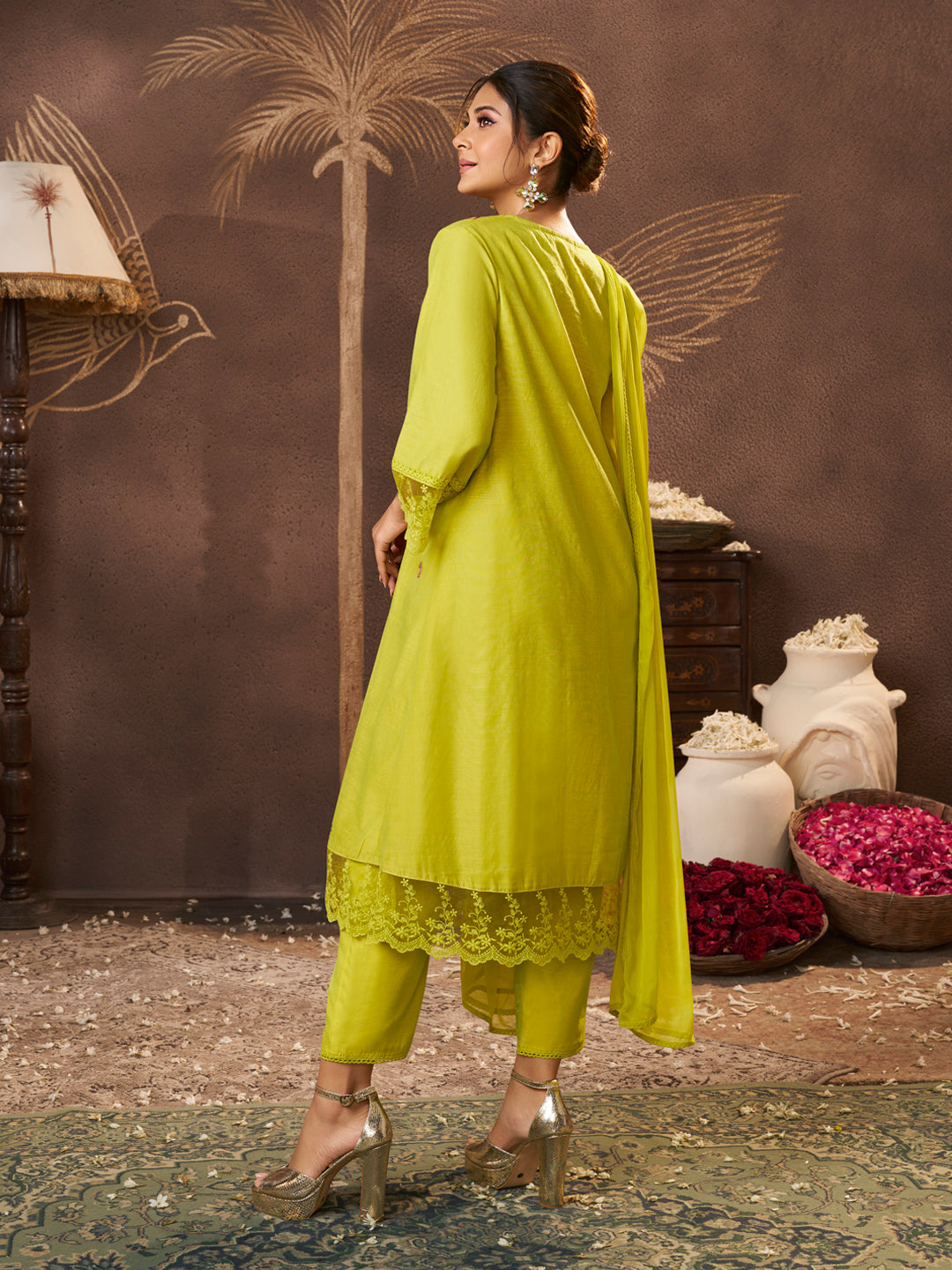 Women's Lime Green Embroidered Kurta Set