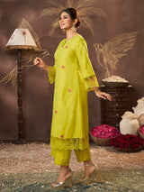 Women's Lime Green Embroidered Kurta Set