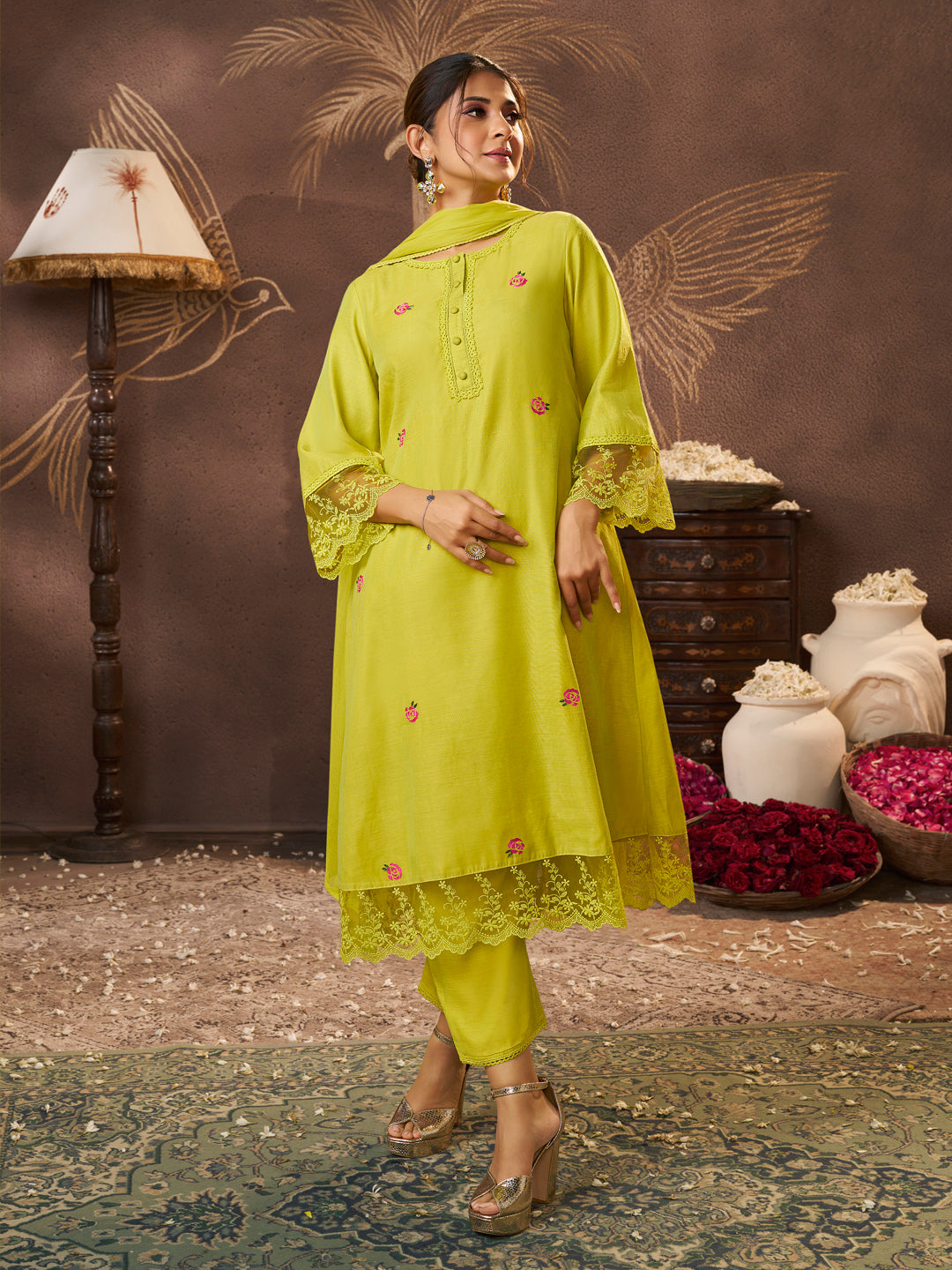 Women's Lime Green Embroidered Kurta Set