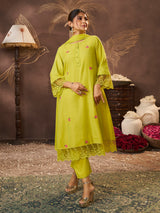 Women's Lime Green Embroidered Kurta Set