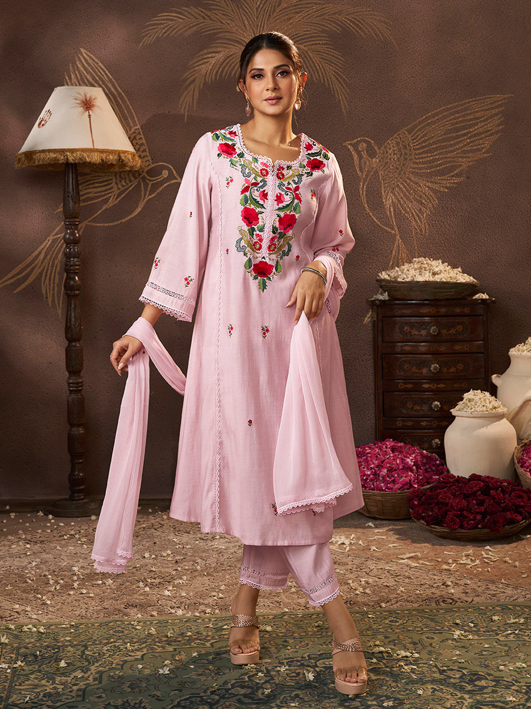 Women's Peach Embroidered Kurta Set