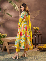 Women's Yellow Jennifer Winget Printed Cotton Silk Anarkali Kurta With Trouser & Dupatta