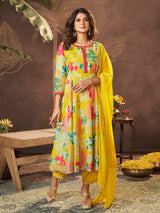 Women's Yellow Jennifer Winget Printed Cotton Silk Anarkali Kurta With Trouser & Dupatta