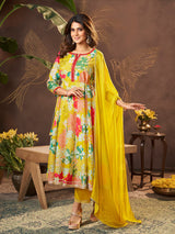 Women's Yellow Jennifer Winget Printed Cotton Silk Anarkali Kurta With Trouser & Dupatta
