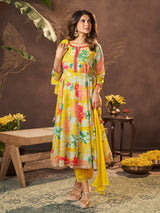 Women's Yellow Jennifer Winget Printed Cotton Silk Anarkali Kurta With Trouser & Dupatta