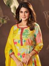 Women's Yellow Jennifer Winget Printed Cotton Silk Anarkali Kurta With Trouser & Dupatta