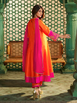Women's Orange Pink Embroidered Anarkali Kurta Set
