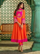 Women's Orange Pink Embroidered Anarkali Kurta Set