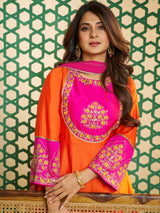 Women's Orange Pink Embroidered Anarkali Kurta Set