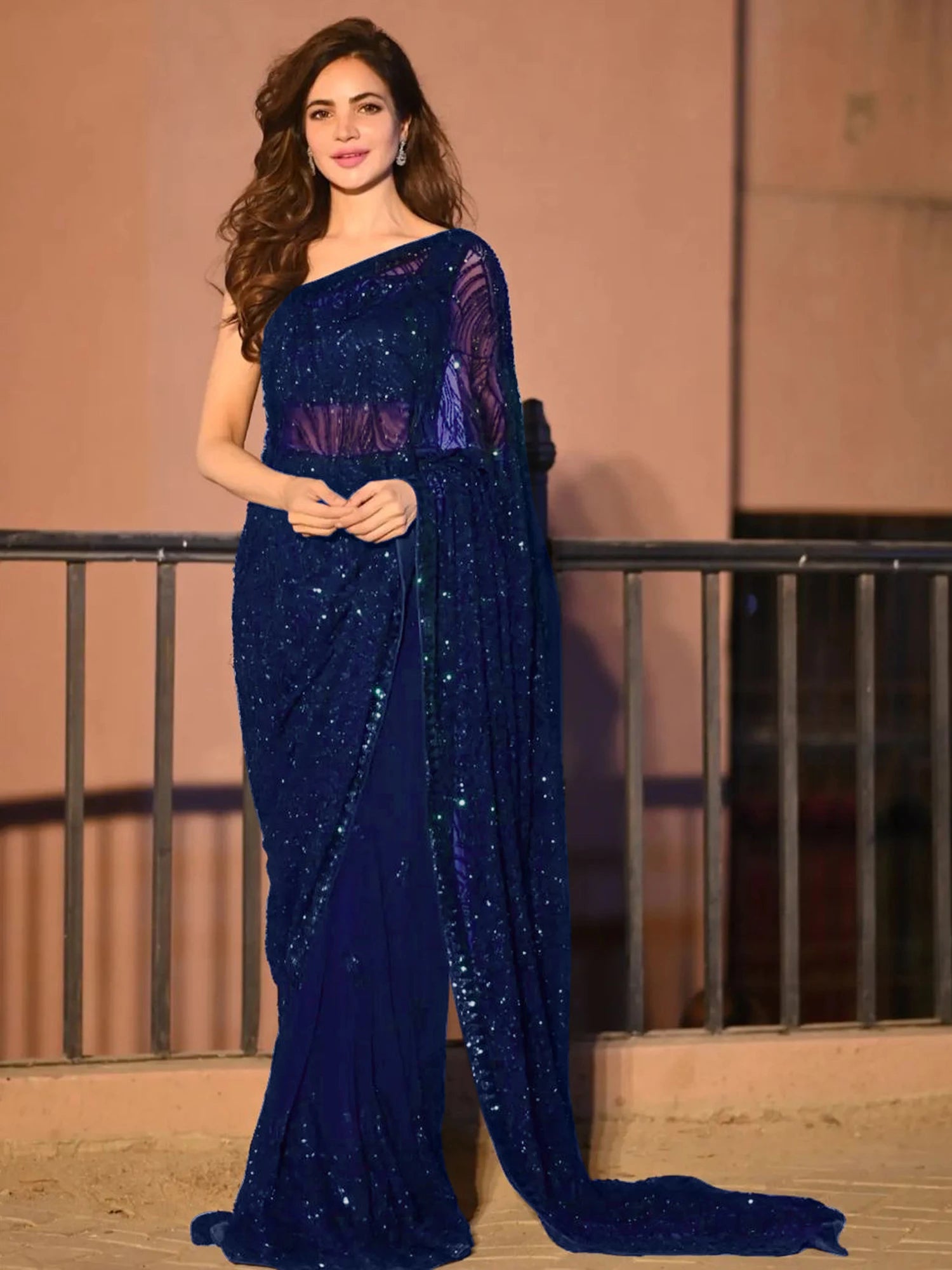 Women's Georgette Navy Embellished Designer Saree with Blouse Piece