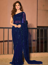 Women's Georgette Navy Embellished Designer Saree with Blouse Piece