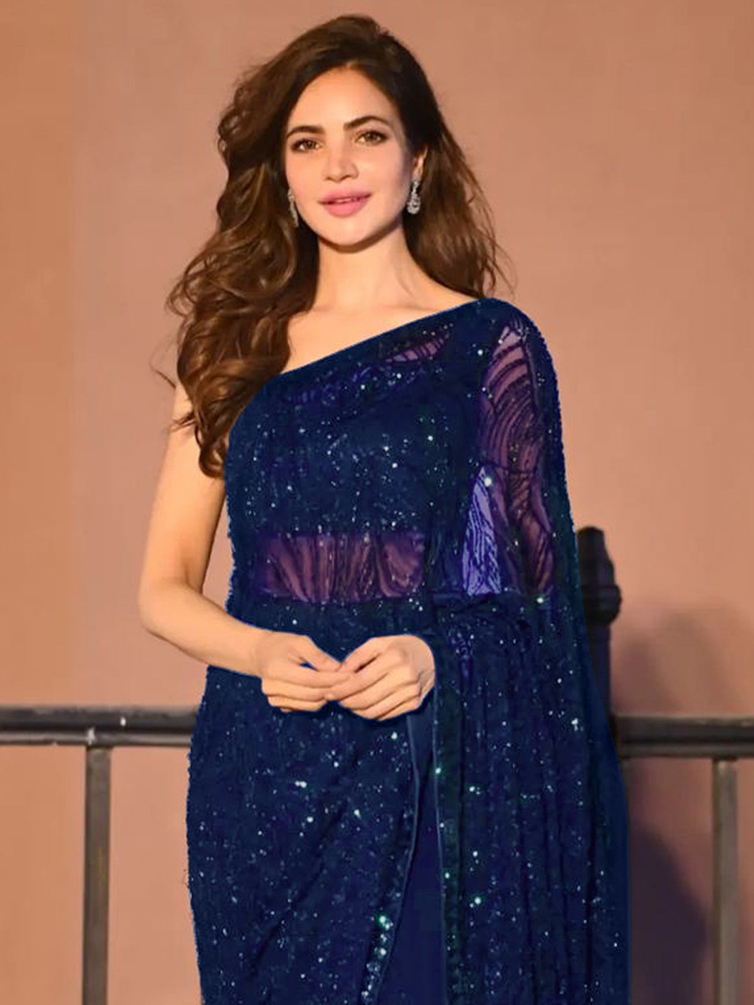 Women's Georgette Navy Embellished Designer Saree with Blouse Piece