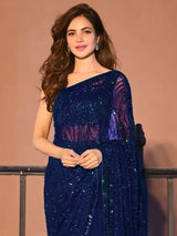 Women's Georgette Navy Embellished Designer Saree with Blouse Piece