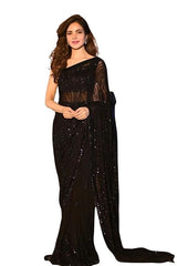 Women's Georgette Black Embellished Designer Saree with Blouse Piece