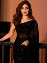 Women's Georgette Black Embellished Designer Saree with Blouse Piece