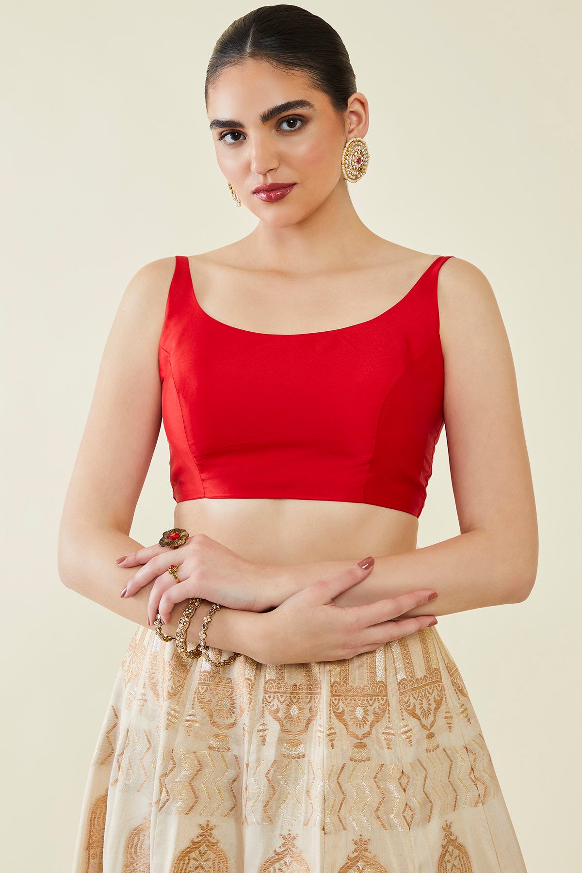 Women's Red Taffeta Solid Sleeveless Padded Blouse