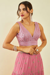 Women's Onion Pink Net Sequin Embellished V-Neck Back-Open Sleeveless Blouse
