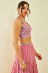 Women's Onion Pink Net Sequin Embellished V-Neck Back-Open Sleeveless Blouse
