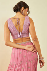Women's Onion Pink Net Sequin Embellished V-Neck Back-Open Sleeveless Blouse