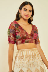 Women's Maroon Tussar Sequin Embroidered V-Neck Back-Open Blouse
