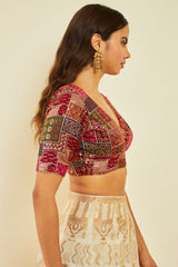 Women's Maroon Tussar Sequin Embroidered V-Neck Back-Open Blouse