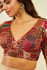Women's Maroon Tussar Sequin Embroidered V-Neck Back-Open Blouse