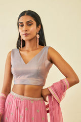 Women's Grey Tussar V-Neck Back-Open Sleeveless Blouse