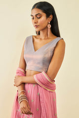 Women's Grey Tussar V-Neck Back-Open Sleeveless Blouse