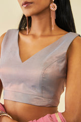 Women's Grey Tussar V-Neck Back-Open Sleeveless Blouse