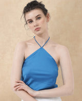 Women's Bluray Fluorescent Blue Polyester Fabric Zip Closure Halter Neck Sleeveless Regular Fit Plain Top