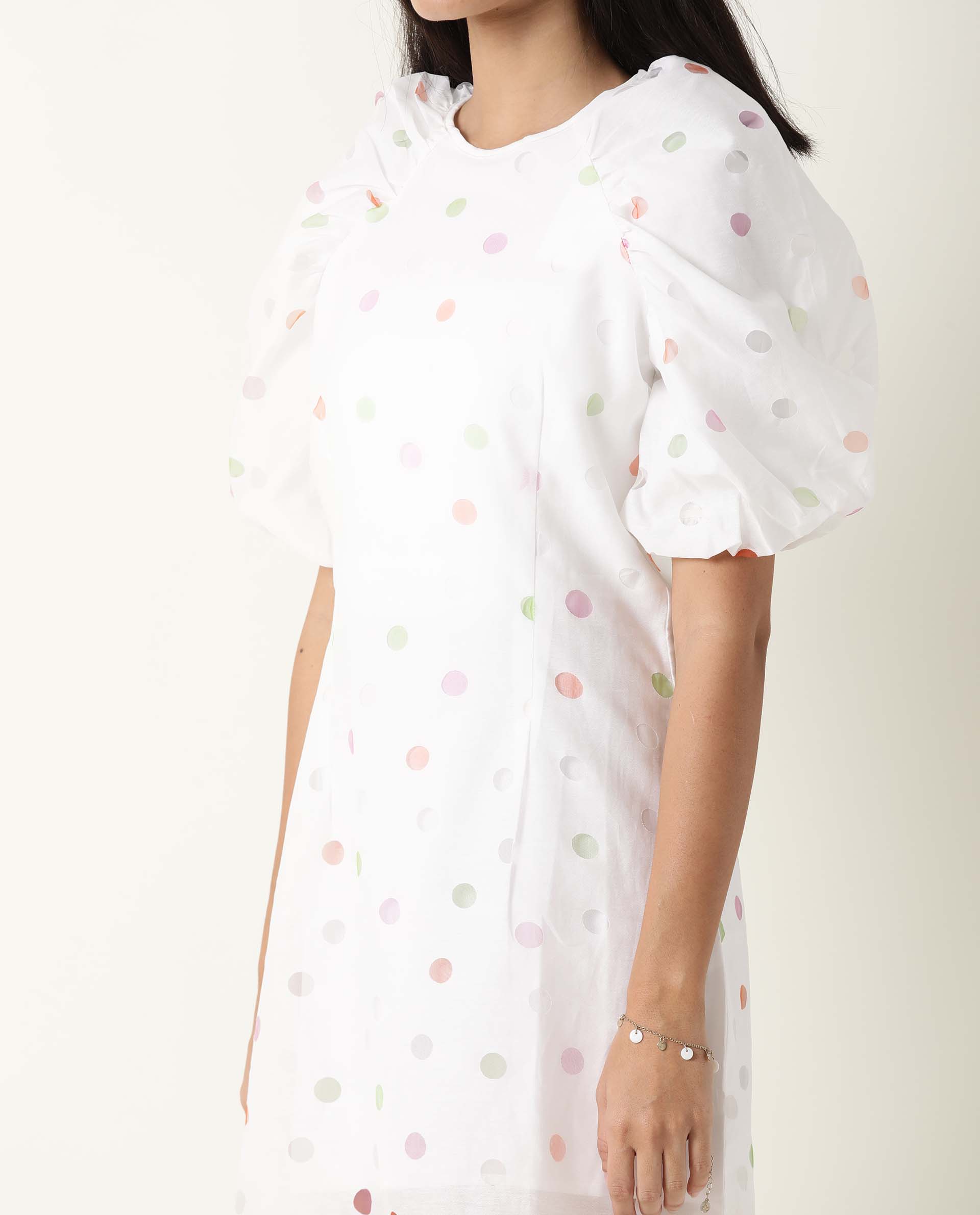 Women's Bonito White Poly Cotton Fabric Short Sleeves Zip Closure Round Neck Balloon Sleeve Tailored Fit Polka Short Dress