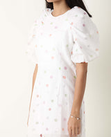 Women's Bonito White Poly Cotton Fabric Short Sleeves Zip Closure Round Neck Balloon Sleeve Tailored Fit Polka Short Dress