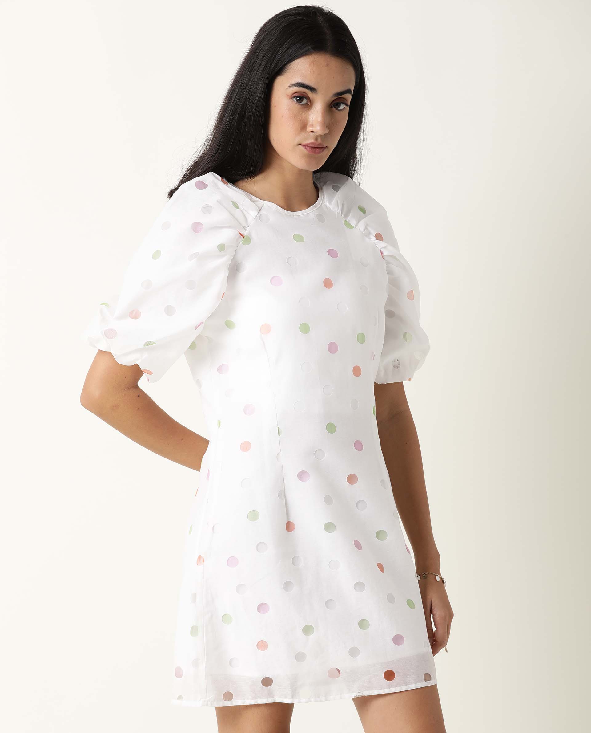 Women's Bonito White Poly Cotton Fabric Short Sleeves Zip Closure Round Neck Balloon Sleeve Tailored Fit Polka Short Dress