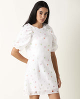 Women's Bonito White Poly Cotton Fabric Short Sleeves Zip Closure Round Neck Balloon Sleeve Tailored Fit Polka Short Dress
