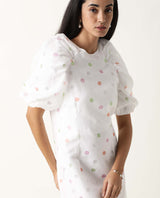 Women's Bonito White Poly Cotton Fabric Short Sleeves Zip Closure Round Neck Balloon Sleeve Tailored Fit Polka Short Dress