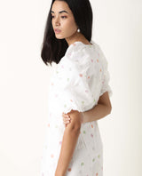 Women's Bonito White Poly Cotton Fabric Short Sleeves Zip Closure Round Neck Balloon Sleeve Tailored Fit Polka Short Dress