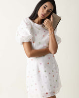 Women's Bonito White Poly Cotton Fabric Short Sleeves Zip Closure Round Neck Balloon Sleeve Tailored Fit Polka Short Dress