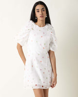 Women's Bonito White Poly Cotton Fabric Short Sleeves Zip Closure Round Neck Balloon Sleeve Tailored Fit Polka Short Dress