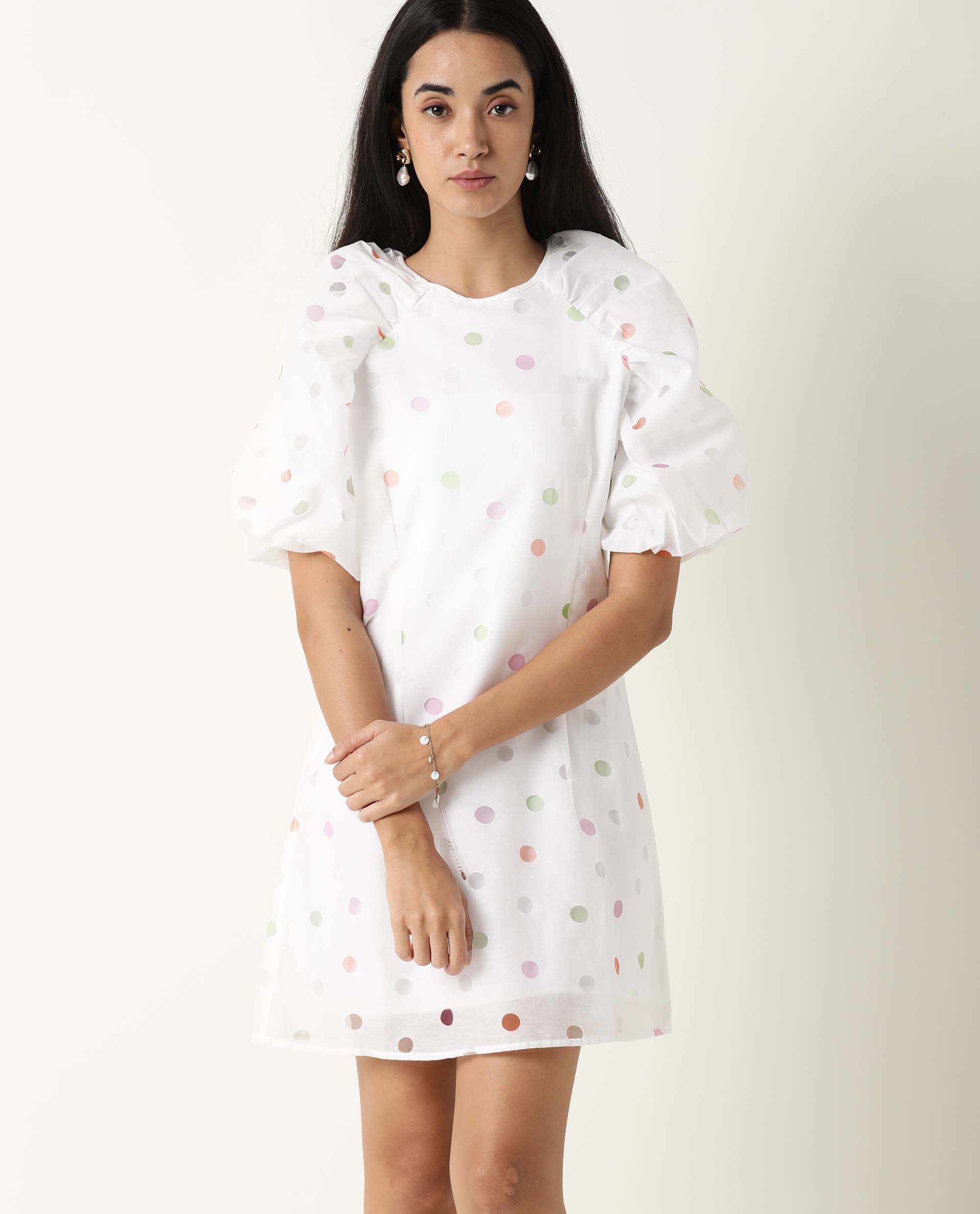Women's Bonito White Poly Cotton Fabric Short Sleeves Zip Closure Round Neck Balloon Sleeve Tailored Fit Polka Short Dress