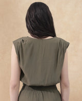 Women's Brodie-T Green Rayon Fabric Sleeveless V-Neck Solid Short Top