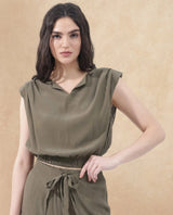 Women's Brodie-T Green Rayon Fabric Sleeveless V-Neck Solid Short Top