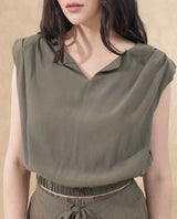 Women's Brodie-T Green Rayon Fabric Sleeveless V-Neck Solid Short Top