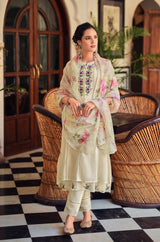 Women's Beige Fusion Regular Fit Embroidered Three Quarter Sleeves Kurtas Sets
