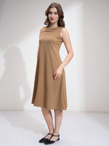 Women's Beige Ethnic Solid Regular Fit Sleeveless Dress