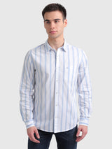 Mens Blue Casual Slim Fit Striped Full Sleeves Shirt